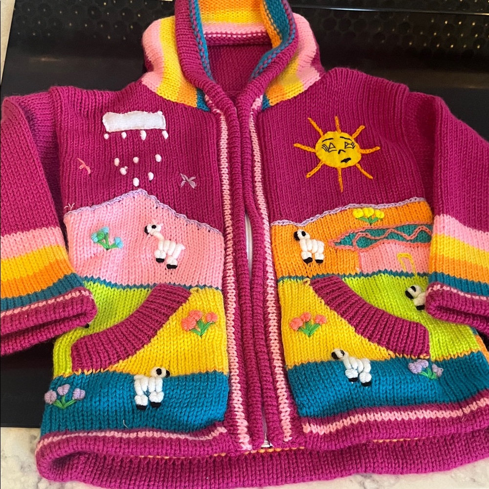 Colorful Knit Children's Hooded Zipup Sweater with Sun and Sheep Design